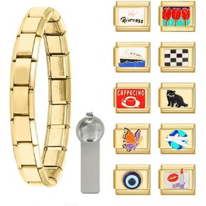 papasgix Italian Charm Bracelet Gold Set with Starter Brascelet, Assorted Charms and Opening Tools, 9mm Modular Italian Charm Bracelet Links Handmade DIY Jewelry Gifts Flowers