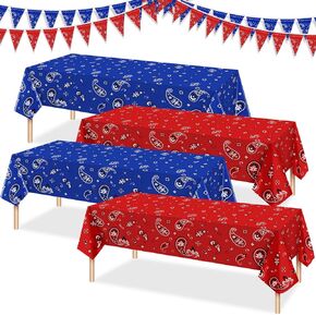 Western Theme Cowboy Party Decorations Paisley Plastic Table Cover Paper Bandana Pennant Banner Western Tablecloth Red Blue Bandana Party Decorations for Western Cowboy Theme Party, Red, Blue (6 Pcs)