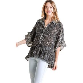 umgee USA Women's Sheer Mixed Animal Print Short Layered Bell Sleeve Top