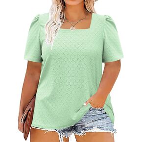 ROSRISS Womens-Plus-Size-Tops Summer Puff Short Sleeve Shirts Square Neck Tees Cute Eyelet Tunics