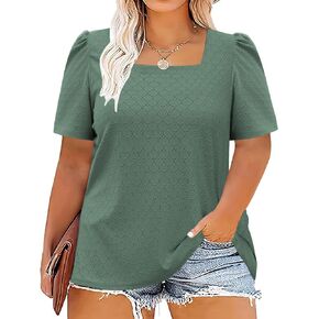 ROSRISS Womens-Plus-Size-Tops Summer Puff Short Sleeve Shirts Square Neck Tees Cute Eyelet Tunics
