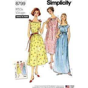 Simplicity Pattern 8799 Misses' Vintage Nightgowns, Size XS-S-M-L-XL