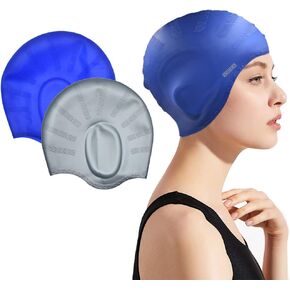 Silicone Swim Cap (2pack),Ear Protection 3D Ergonomic Design Waterproof Bathing Solid Swimming Cap Ear Cover Pockets Comfortable for Adult Men Women Long Hair
