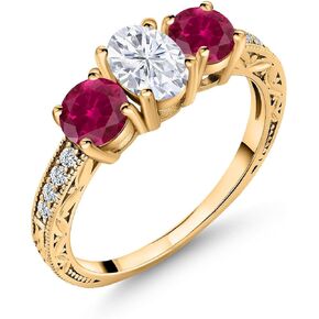 Gem Stone King 18K Yellow Gold Plated Silver Red Created Ruby and White Moissanite Engagement Ring For Women (3.02 Cttw, Available In Size 5, 6, 7, 8, 9)