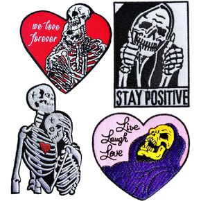 4Pcs Iron-on Skull Patch, Stay Positive Love Forever Couple Lover Laugh Skulls Embroidered Iron On Repair Patch for Clothes Jacket Jeans Backpacks (Optimistic Skull)