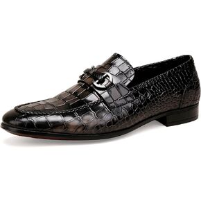 Men's Grey Dress Shoes,Leather Crocodile Pattern Slip-On Loafer Buckle Loafers