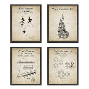 Disney Patents with Slogans, Set of 4, Unframed, Vintage Castle Mickey Mouse Tea Cups Monorail wall art decor gift, 8x10 Inches