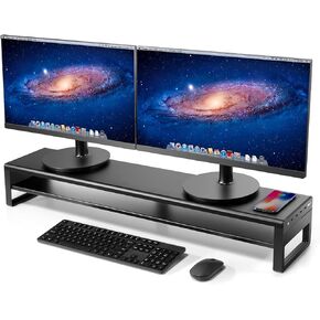 Vaydeer 2 Tiers Dual Monitor Stand Aluminum Monitor Riser with Wireless Charging and 4 USB 3.0 Hub Ports Metal Strong&Sturdy for PC Monitor Laptop Computer TV Printer Space Saving Desk Organizer