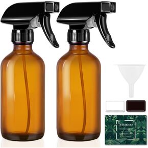 Glass Spray Bottles 8oz, Amber Hair Spray Bottles, 2 Pack Empty Refillable Sprayer Container with Labels, Funnel, Lids, Graduated Pipettes - Handheld Size