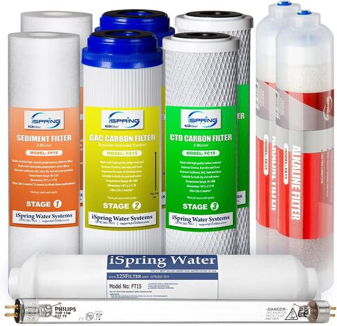 iSpring F10KU 1-Year Replacement Supply Filter Cartridge Pack Set for 7-Stage Alkaline Mineral UV Reverse Osmosis RO Systems, 10 Piece, White in Saudi Arabia