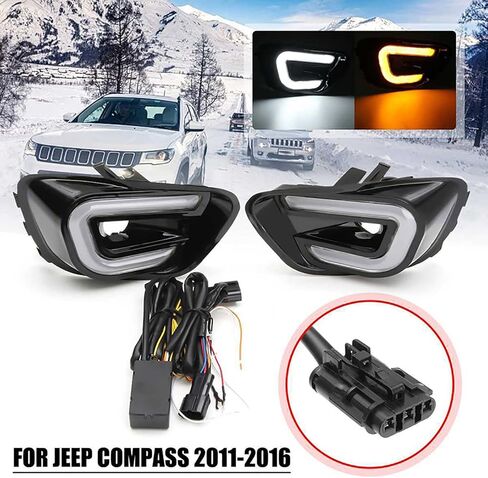 LED النهار الجري الخفيف لسيارة جيب كومباس 2011-2016 سيارة الضباب ضوء مقاوم للماء بدوره مصباح إشارة in Saudi Arabia
