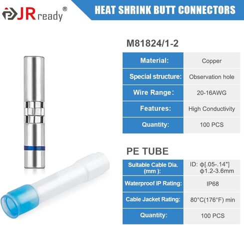 JRready 100 Sets IP68 Waterproof Heat Shrink Butt Connectors, 16-12 AWG Insulated Electrical Marine Automotive Wire Connectors, Tinned Copper Crimp Terminals Butt Splices with 3:1 Heat Shrink Tube in Saudi Arabia