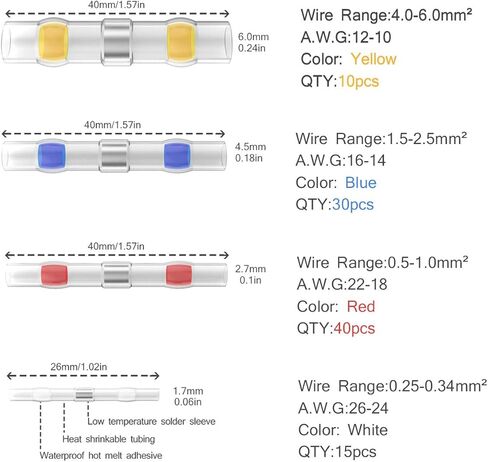 250 قطعة من موصلات الانكماش الحراري - موصلات أسلاك لحام سوبوبي وموصلات تجعيد المؤخرة المنكمشة بالحرارة - موصلات كهربائية مجموعة أطراف أسلاك متنوعة مقاومة للماء (26-10 جيجا) in Kuwait