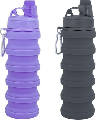 Collapsible Water Bottles Two Pack Travel Sports Portable Sport Water Bottle comes with mountaineering Buckle 500ml silicone Water-proof camping water bottle (Purple and Grey Color) in Saudi Arabia