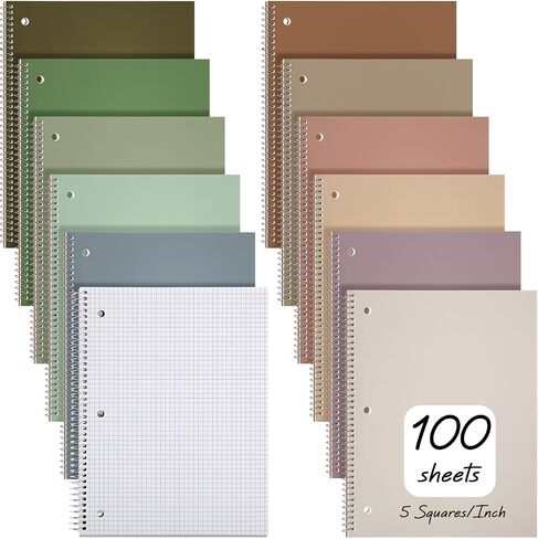 12 Pcs 1 Subject Spiral Notebook 5 x 5 Graph Ruled (5 Squares/inch) Notebook 8 x 10 1/2 In Spiral Journal Notebook 3 Hole Divider Pockets Assorted Colors 100 Sheets(Simple Color) in Saudi Arabia