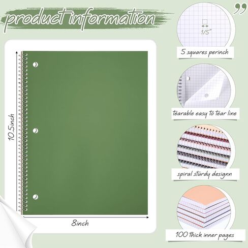 12 Pcs 1 Subject Spiral Notebook 5 x 5 Graph Ruled (5 Squares/inch) Notebook 8 x 10 1/2 In Spiral Journal Notebook 3 Hole Divider Pockets Assorted Colors 100 Sheets(Simple Color) in Saudi Arabia