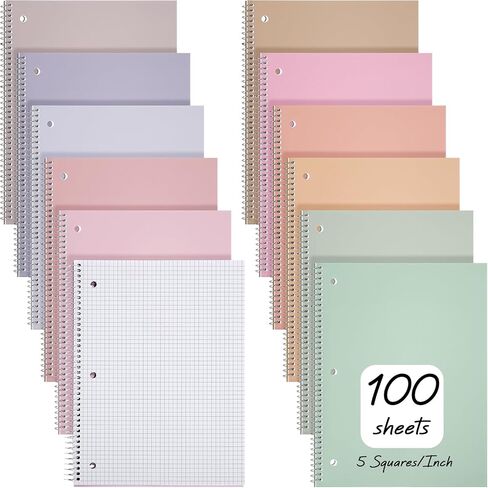 12 Pcs 1 Subject Spiral Notebook 5 x 5 Graph Ruled (5 Squares/inch) Notebook 8 x 10 1/2 In Spiral Journal Notebook 3 Hole Divider Pockets Assorted Colors 100 Sheets(Simple Color) in Saudi Arabia