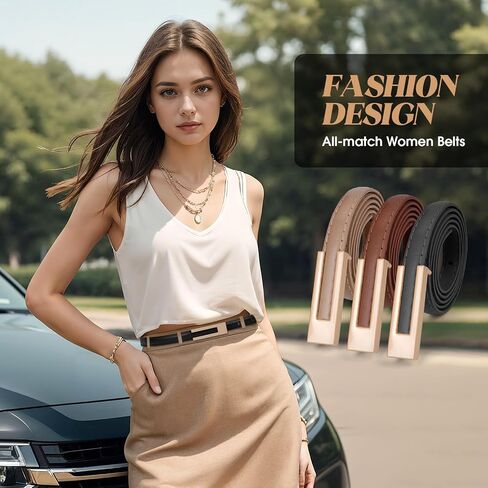 3 Pack Women Thin Leather Belts for Dress Jeans Belt with Gold Buckle Belts for Women in Saudi Arabia