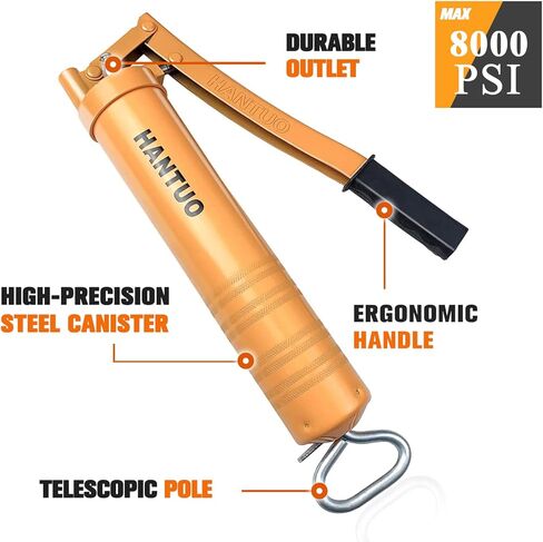 مسدس الشحوم، مجموعة مسدس الشحوم ذات الذراع الثقيلة 8000 رطل لكل بوصة مربعة، 14 أونصة أو 400 سم مكعب من الشحوم - تتضمن خرطومًا مرنًا مقاس 12 بوصة، و1 أنابيب تمديد معدنية، و1 قارنة توصيل قياسية معززة، و1 فوهة حادة من النوع in Kuwait