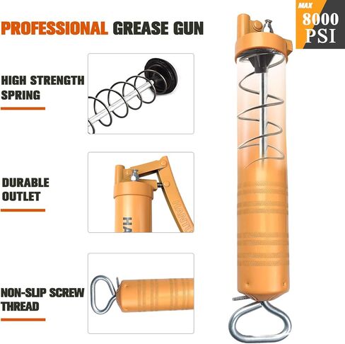 مسدس الشحوم، مجموعة مسدس الشحوم ذات الذراع الثقيلة 8000 رطل لكل بوصة مربعة، 14 أونصة أو 400 سم مكعب من الشحوم - تتضمن خرطومًا مرنًا مقاس 12 بوصة، و1 أنابيب تمديد معدنية، و1 قارنة توصيل قياسية معززة، و1 فوهة حادة من النوع in Kuwait