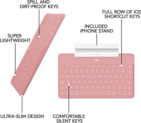 لوحة مفاتيح بلوتوث Logitech Keys-to-Go فائقة النحافة وخفيفة للغاية لأجهزة iPhone وiPad وMac وApple TV، بما في ذلك iPad Air الجيل الخامس (2022) - وردي فاتح (متجدد) in Saudi Arabia