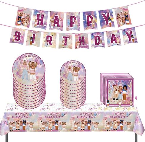 Pink Girl Robot Blocks Party Birthday Supplies, Robot Girls Game Party Tableware with Happy Birthday Banner, tablecloth, Disposable Paper Plates with Napkins for Kids Party Supplies Decorations in Kuwait