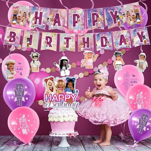 Pink Girl Robot Blocks Party Birthday Supplies, Robot Girls Game Party Tableware with Happy Birthday Banner, tablecloth, Disposable Paper Plates with Napkins for Kids Party Supplies Decorations in Kuwait