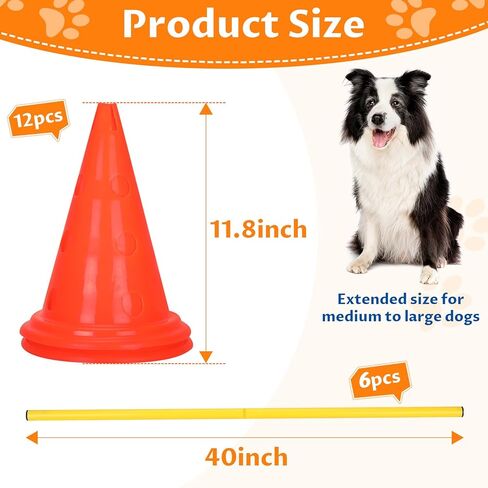 مجموعة مخروط حواجز رشاقة الكلاب: 6 مجموعات من الحواجز والأقماع، و12 مخروطًا للتمرين و6 أقطاب قابلة للتعديل - معدات رشاقة الكلاب المحمولة والمتينة للتدريب في أي مكان in Kuwait