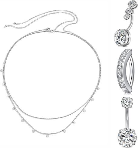 MODRSA خاتم زر البطن للنساء سلسلة بطن فضية سلسلة الخصر الفضية مجوهرات زر البطن ثقب حلقات البطن فضية سلسلة الجسم مجوهرات للنساء in Kuwait