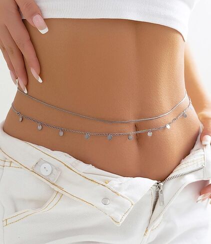 MODRSA خاتم زر البطن للنساء سلسلة بطن فضية سلسلة الخصر الفضية مجوهرات زر البطن ثقب حلقات البطن فضية سلسلة الجسم مجوهرات للنساء in Kuwait