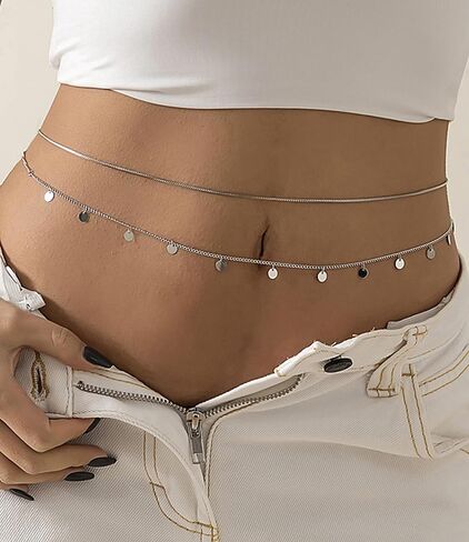 MODRSA خاتم زر البطن للنساء سلسلة بطن فضية سلسلة الخصر الفضية مجوهرات زر البطن ثقب حلقات البطن فضية سلسلة الجسم مجوهرات للنساء in Kuwait