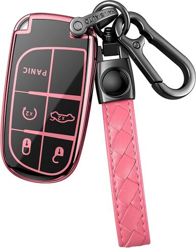Sindeda for Jeep Key fob Cover with Leather Keychain Soft TPU Full Cover Protection,for Jeep Grand Cherokee Renegade Chrysler 200 300 Dodge RAM Durango Challenger Dart Fiat Key Fob Shell (Red) in Kuwait