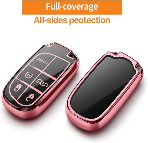 Sindeda for Jeep Key fob Cover with Leather Keychain Soft TPU Full Cover Protection,for Jeep Grand Cherokee Renegade Chrysler 200 300 Dodge RAM Durango Challenger Dart Fiat Key Fob Shell (Red) in Kuwait