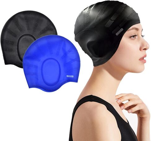 Silicone Swim Cap (2pack),Ear Protection 3D Ergonomic Design Waterproof Bathing Solid Swimming Cap Ear Cover Pockets Comfortable for Adult Men Women Long Hair in Saudi Arabia