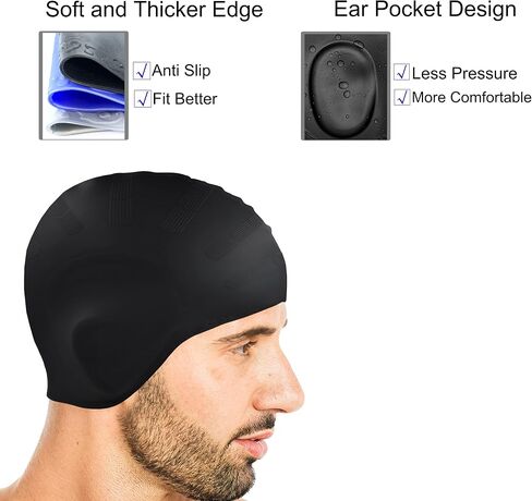 Silicone Swim Cap (2pack),Ear Protection 3D Ergonomic Design Waterproof Bathing Solid Swimming Cap Ear Cover Pockets Comfortable for Adult Men Women Long Hair in Saudi Arabia