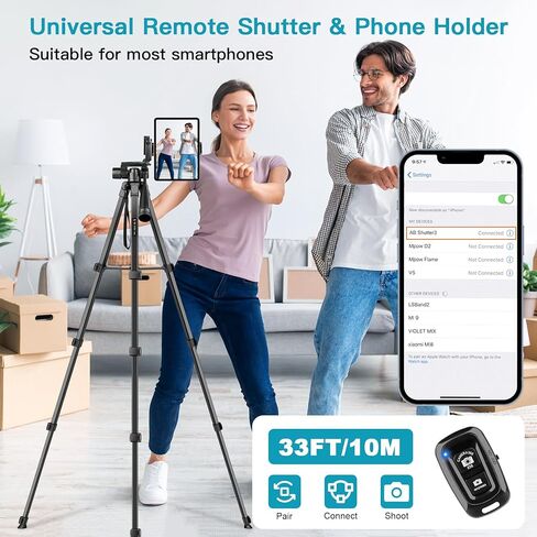 حامل ثلاثي للهاتف والكمبيوتر اللوحي، حامل ثلاثي القوائم مقاس 68 بوصة مع جهاز تحكم عن بعد، حامل ثلاثي خفيف الوزن لتسجيل الفيديو/الصور/مدونة الفيديو/السفر، متوافق مع iPad Pro/Mini/Air/الهواتف الذكية/الكاميرا in Kuwait