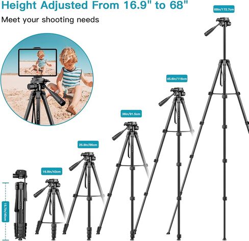 حامل ثلاثي للهاتف والكمبيوتر اللوحي، حامل ثلاثي القوائم مقاس 68 بوصة مع جهاز تحكم عن بعد، حامل ثلاثي خفيف الوزن لتسجيل الفيديو/الصور/مدونة الفيديو/السفر، متوافق مع iPad Pro/Mini/Air/الهواتف الذكية/الكاميرا in Kuwait