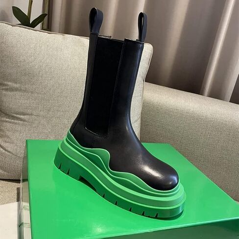 Women Platform Chelsea Bootie,Fashion Mid Calf Boots Chunky Double Heel Round Toe Slip on Thick Sole in Saudi Arabia