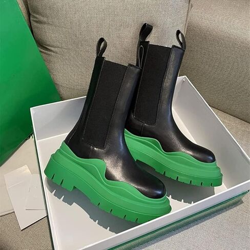 Women Platform Chelsea Bootie,Fashion Mid Calf Boots Chunky Double Heel Round Toe Slip on Thick Sole in Saudi Arabia