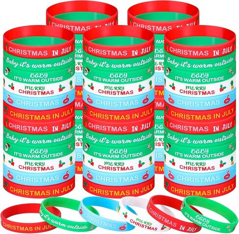 Quelay 48 Pack Christmas in July Silicone Bracelets Decor Set July Summer Wristband Accessories Christmas Party Sports Wristband Summer Beach Party Decorations for Xmas Holiday Party Supplies in Saudi Arabia