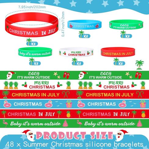 Quelay 48 Pack Christmas in July Silicone Bracelets Decor Set July Summer Wristband Accessories Christmas Party Sports Wristband Summer Beach Party Decorations for Xmas Holiday Party Supplies in Saudi Arabia