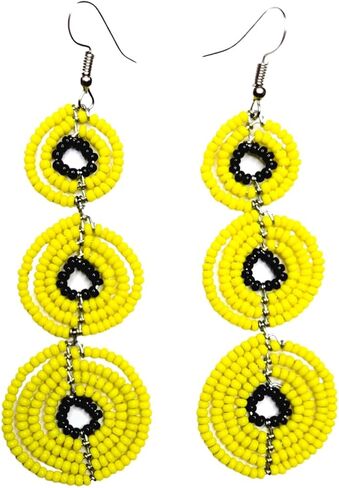 African Kenyan Maasai Beaded 3-Circle Dangle Earrings: Multiple Colors and Pattern in Yellow, Orange, Black, Greenm White, Light Blue, Navy and Red (Yellow/Black) in Saudi Arabia
