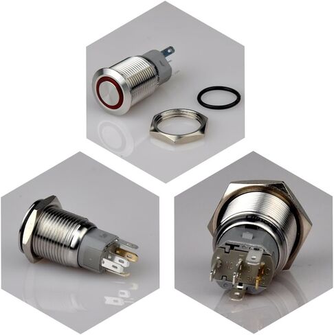 Ulincos® مفتاح ضغط مؤقت U16F1 1NO1NC غلاف فضي من الفولاذ المقاوم للصدأ مع حلقة LED حمراء 12 فولت مناسبة لفتحة تركيب 16 مم 5/8 بوصة (أحمر) in Kuwait