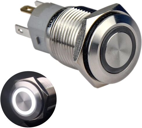 Ulincos® مفتاح ضغط مؤقت U16F1 1NO1NC غلاف فضي من الفولاذ المقاوم للصدأ مع حلقة LED حمراء 12 فولت مناسبة لفتحة تركيب 16 مم 5/8 بوصة (أحمر) in Kuwait