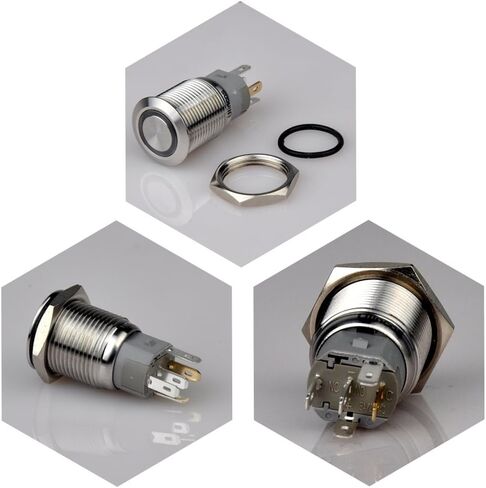 Ulincos® مفتاح ضغط مؤقت U16F1 1NO1NC غلاف فضي من الفولاذ المقاوم للصدأ مع حلقة LED حمراء 12 فولت مناسبة لفتحة تركيب 16 مم 5/8 بوصة (أحمر) in Kuwait