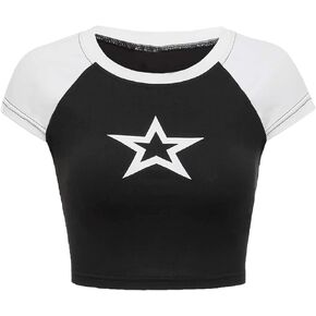 SOLY HUX Women's Color Block Star Print Short Sleeve Crop Tops Slim Fit Tee T Shirts