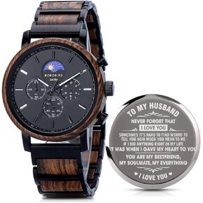2win Personalized Customized Wooden Watch for Men Husband Custom Engraved Wood Wristwatch Day&Night Conversion Pattern Watch Gift for Anniversary Christmas Father's Day