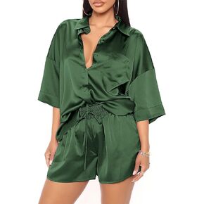 Flygo Pajamas for Women Silk Satin Soft Sleepwear Short Sleeve Pajama Sets Button Down Pjs Lounge Set Summer 2 Piece