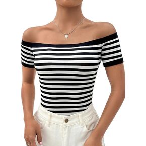 GORGLITTER Women's Striped Off Shoulder Top Short Sleeve Slim Fit Casual Tee Shirt