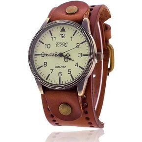 MINILUJIA Vintage Retro Punk Men Wrist Watch Bronze Big Face Dial Wide Genuine Leather Band Cuff Quartz Watches